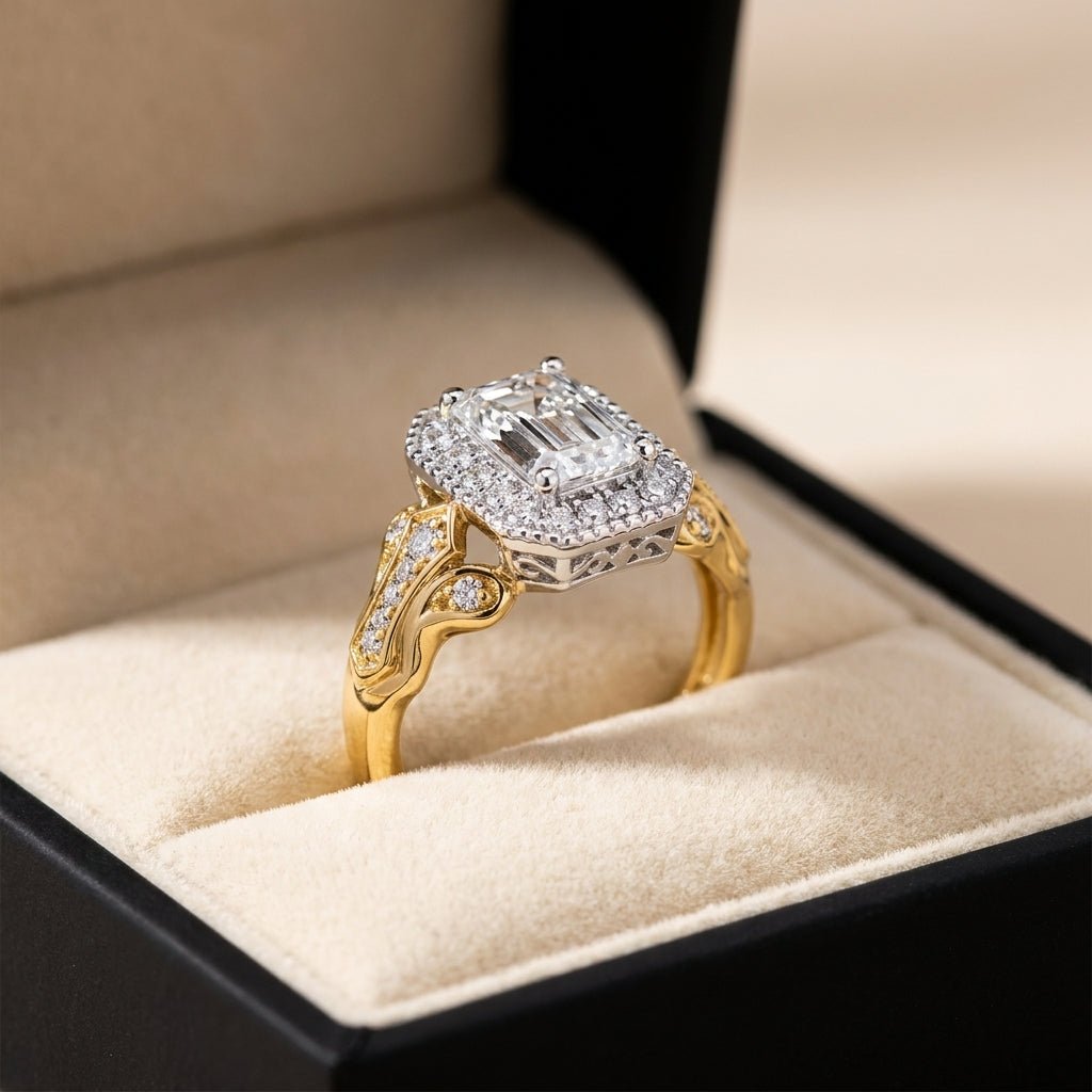RM12981-150-LD Emerald halo engagement ring ring-in-box