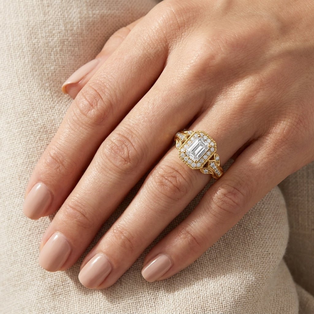 RM12981-150-LD Emerald halo engagement ring hand-model