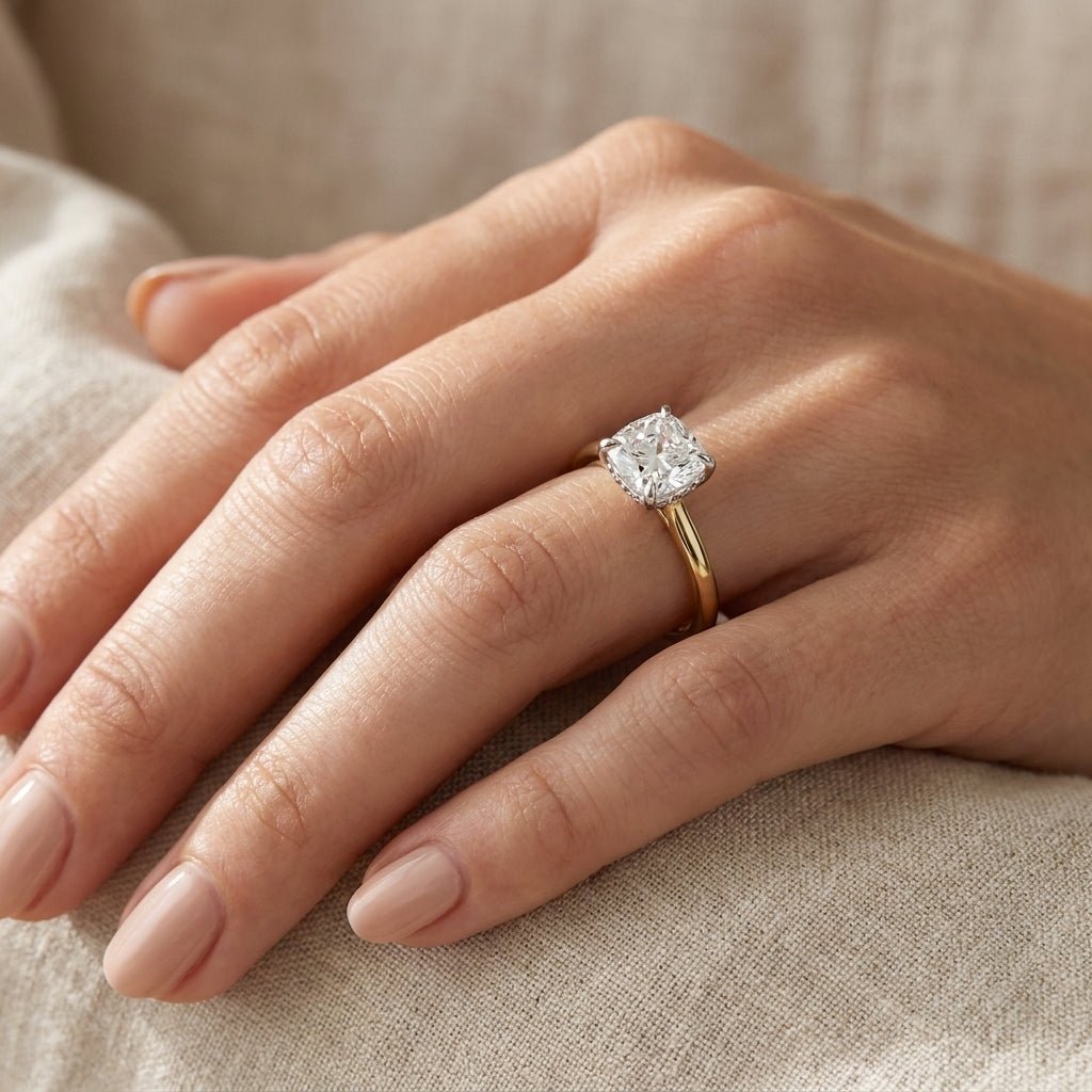 RM12843-100C-LD Cushion solitaire engagement ring hand-model