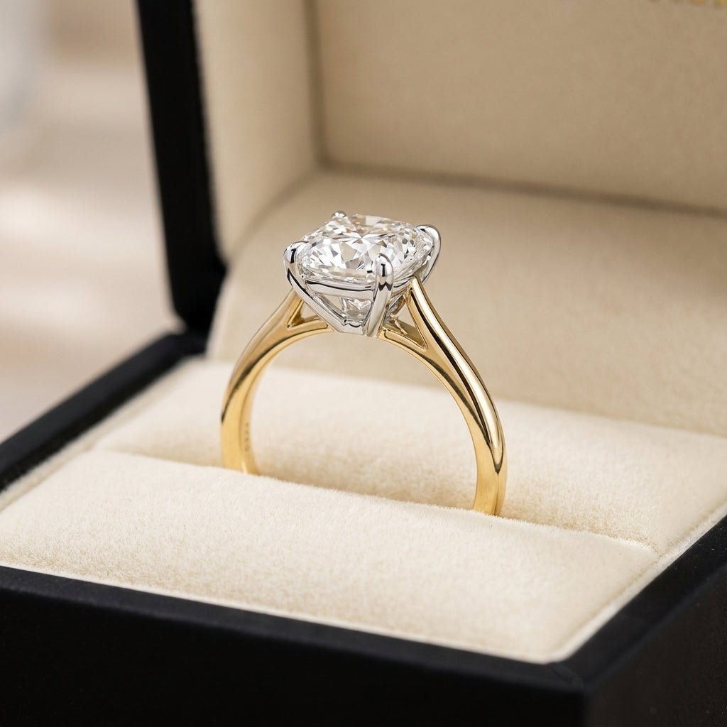 RM12842-100C-LD Cushion solitaire engagement ring in presentation box