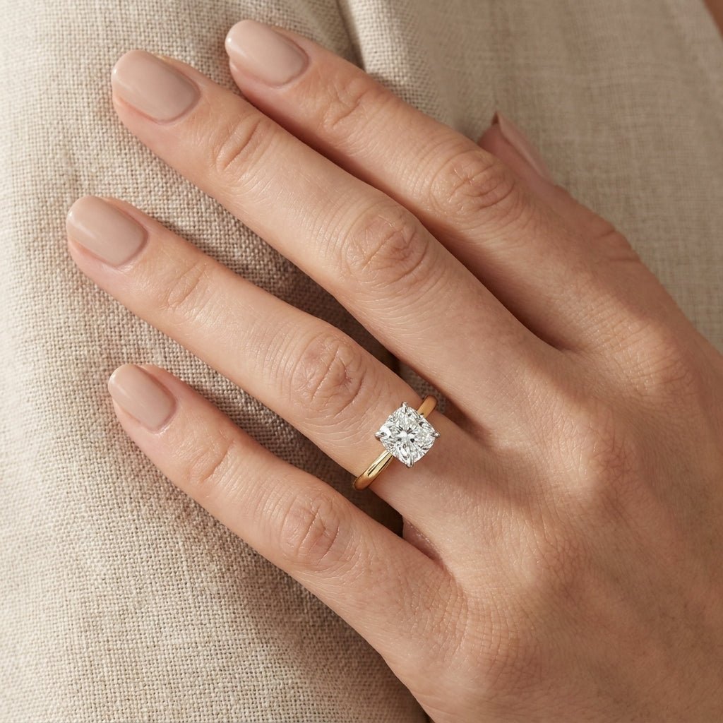 RM12842-100C-LD Cushion solitaire engagement ring hand-model