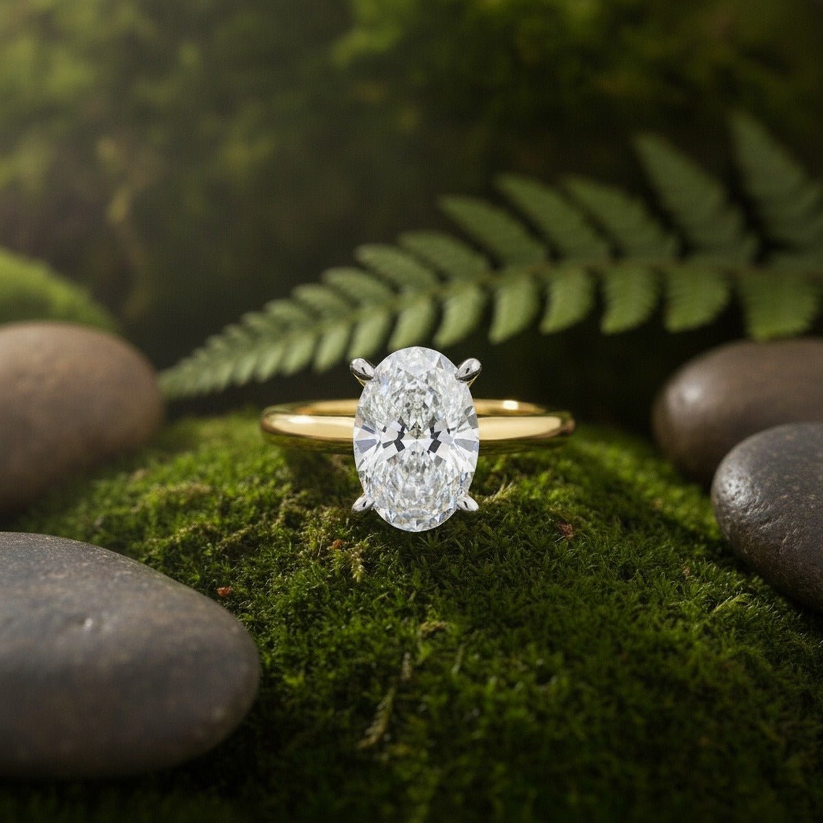 Aydins 1 Carat Oval Lab Grown Diamond Engagement Ring | 10K Two-Tone Gold lifestyle scene, moss forest