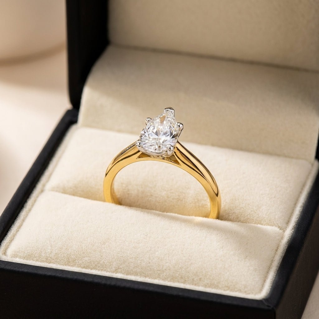 RM12605C-LD pear engagement ring in presentation box