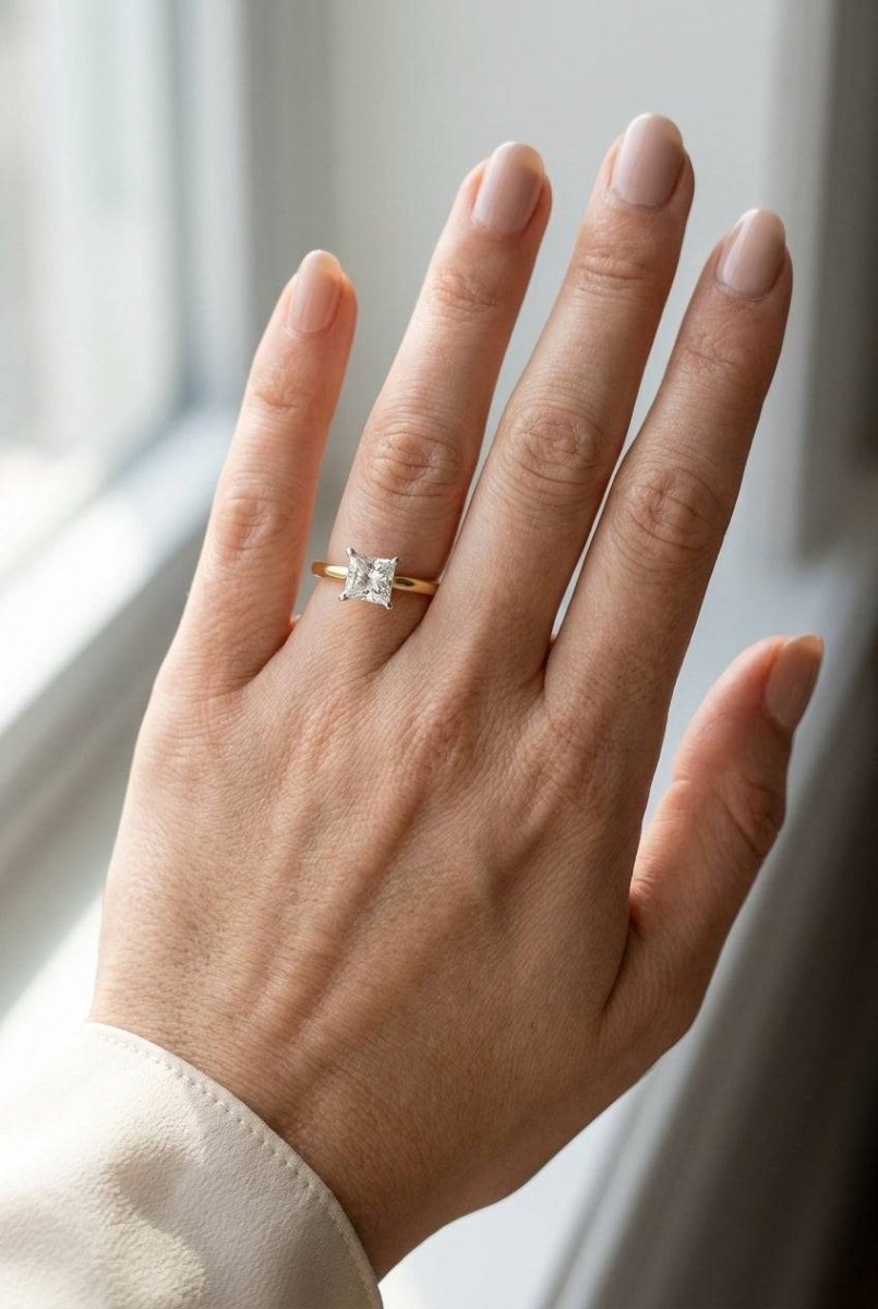 1 carat princess lab grown diamond engagement ring - full hand scale