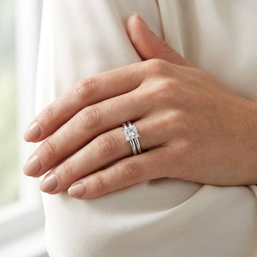 1 carat princess lab grown diamond engagement ring - bridal stack