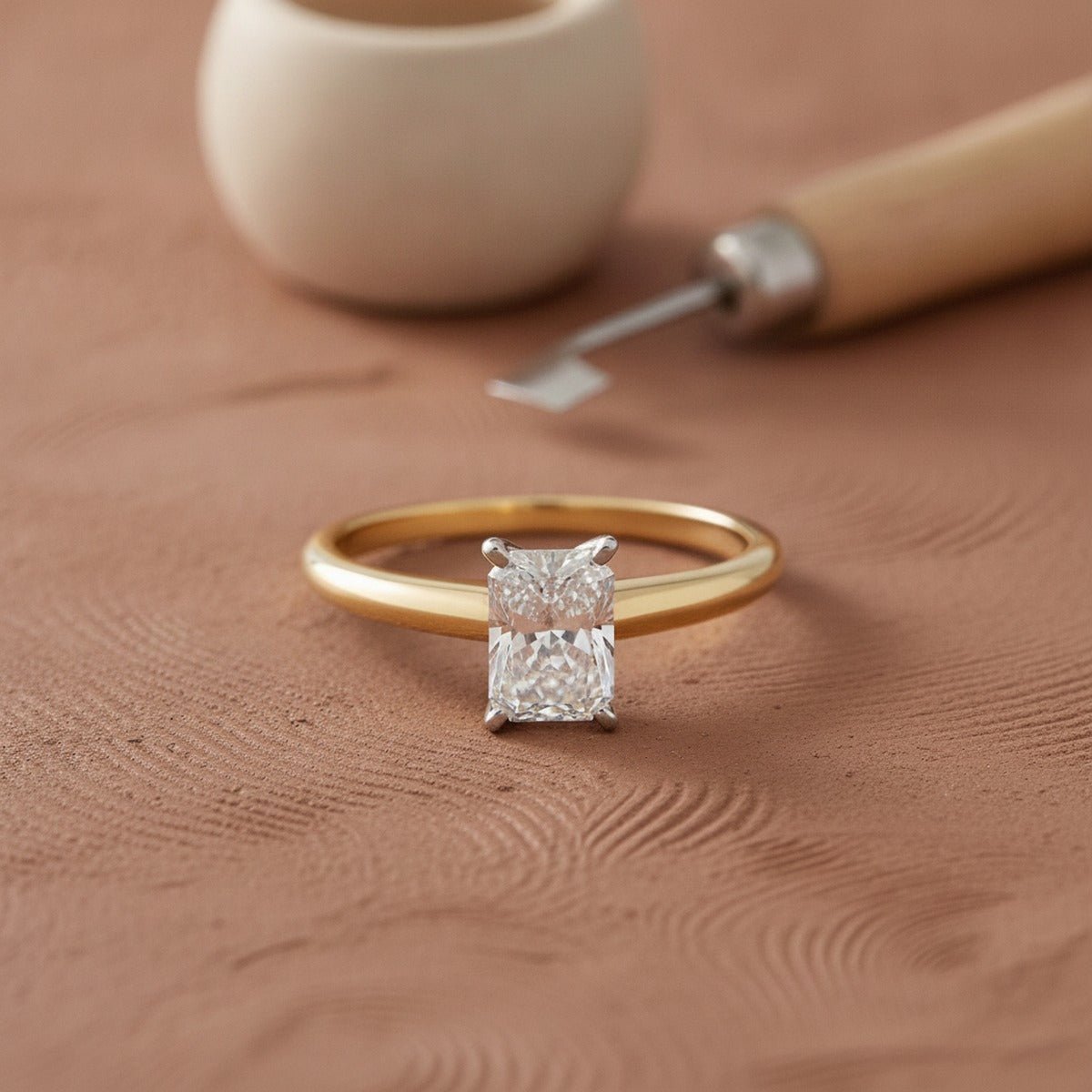 Aydins 1 Carat Radiant Lab Grown Diamond Engagement Ring | 10K Two-Tone Gold lifestyle scene, ceramic kiln