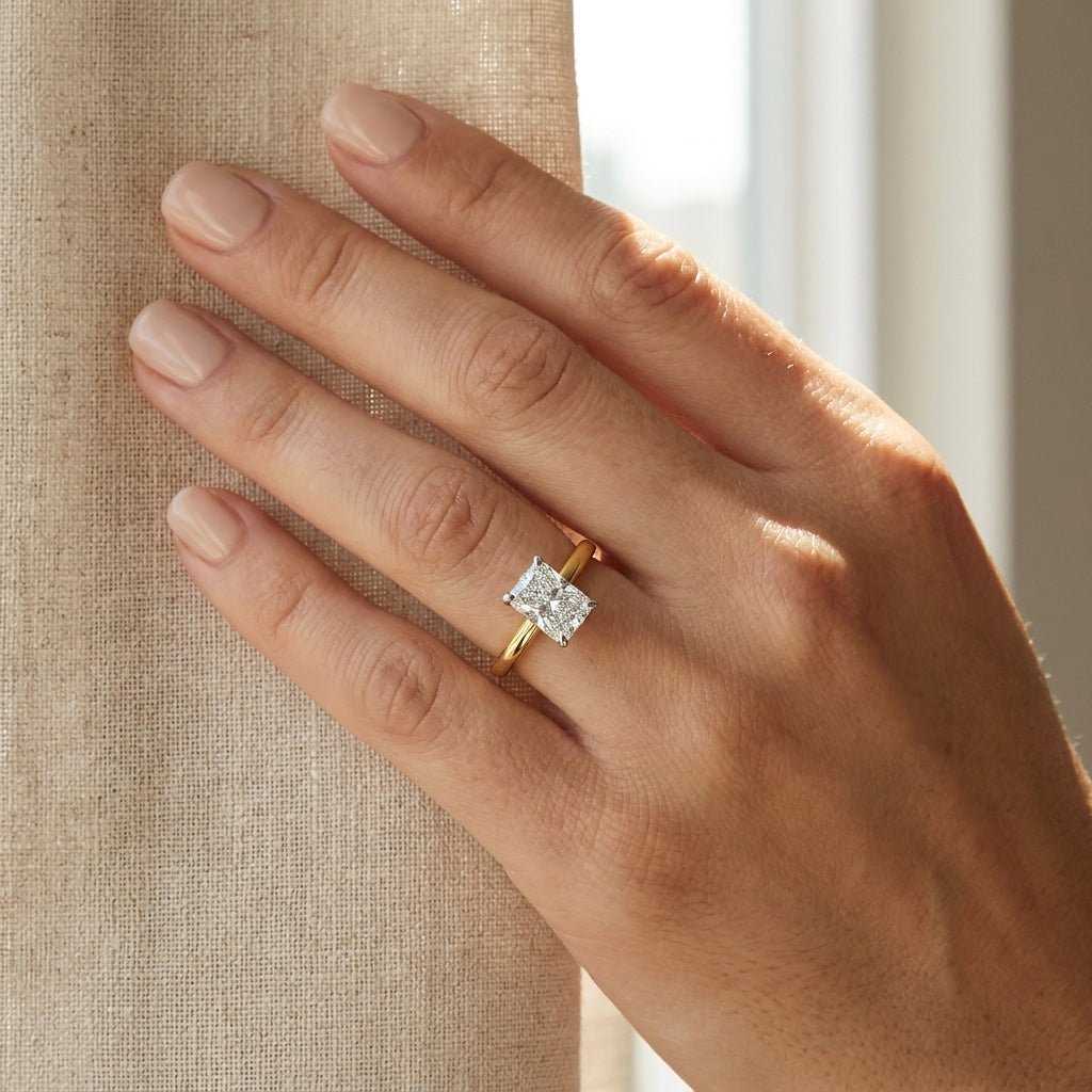SOL-100RA-0LD Radiant solitaire engagement ring hand-model