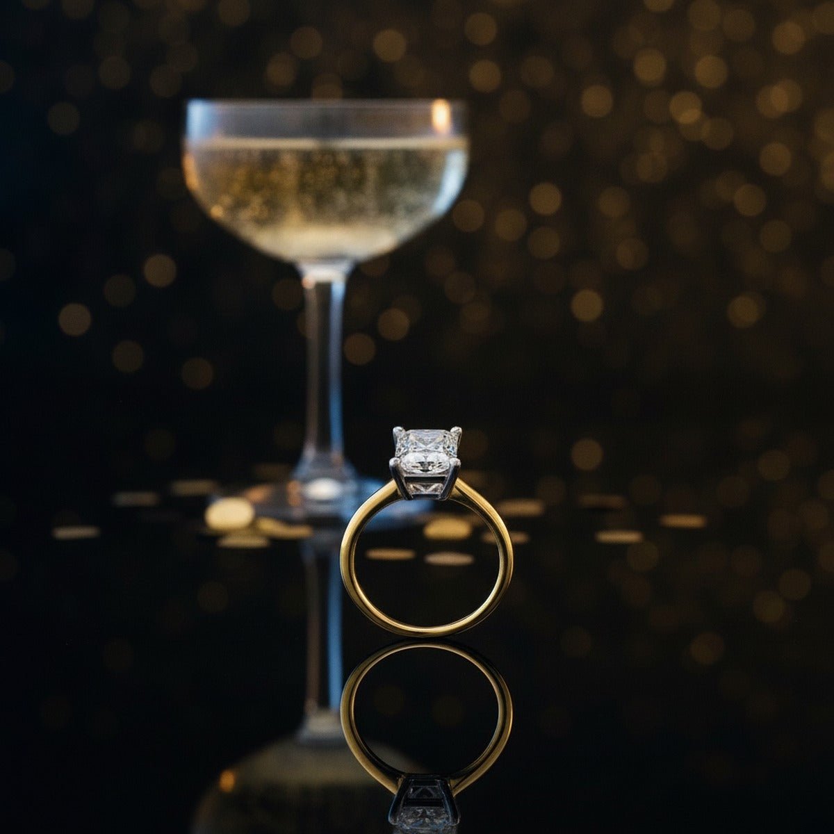 Aydins 1 Carat Radiant Lab Grown Diamond Engagement Ring | 10K Two-Tone Gold lifestyle scene, new year crystal