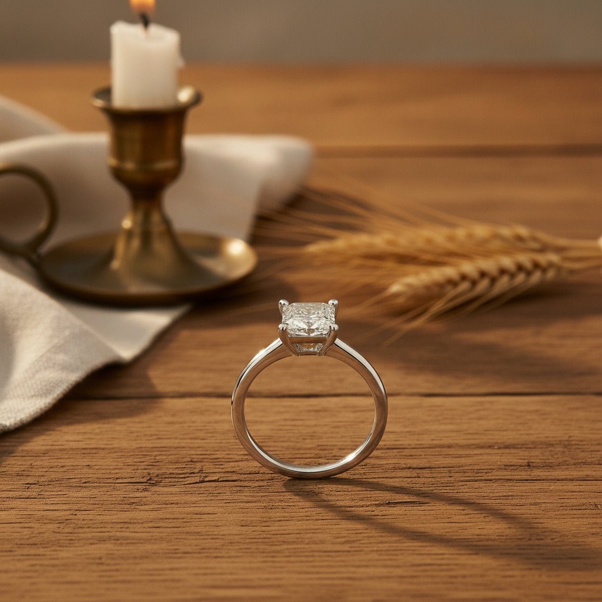 Aydins 1 Carat Radiant Lab Grown Diamond Engagement Ring | 10K White Gold lifestyle scene, thanksgiving oak