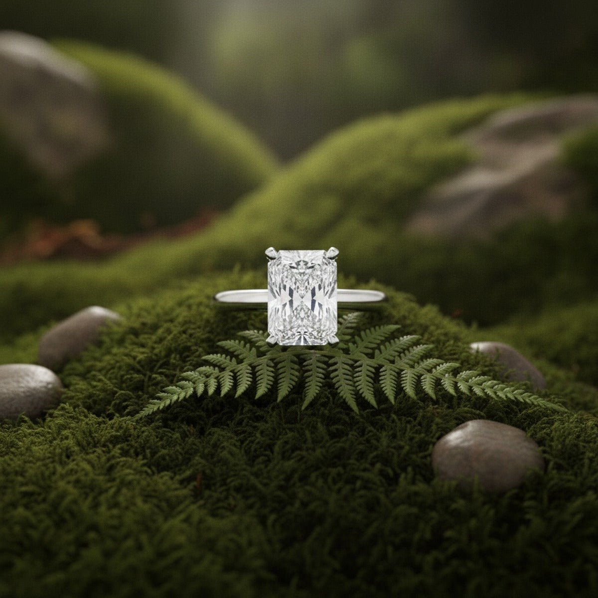 Aydins 1 Carat Radiant Lab Grown Diamond Engagement Ring | 10K White Gold lifestyle scene, moss forest