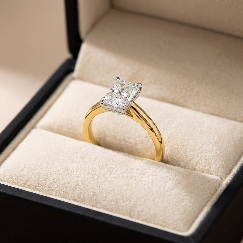 RM12611C-LD radiant engagement ring in presentation box