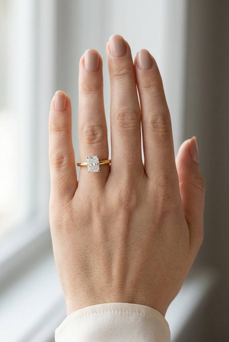 1 carat radiant lab grown diamond engagement ring - full hand scale