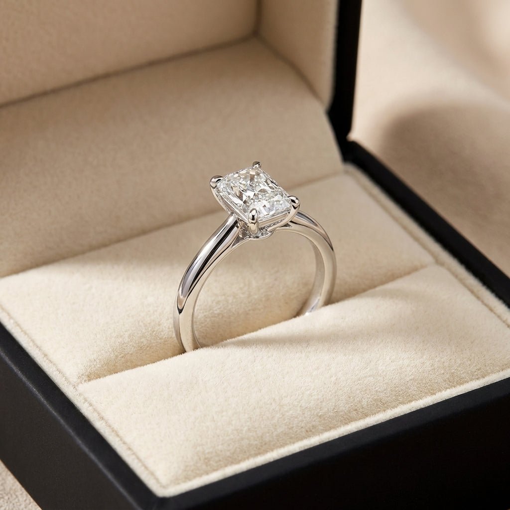 RM12611C-WLD radiant engagement ring in presentation box