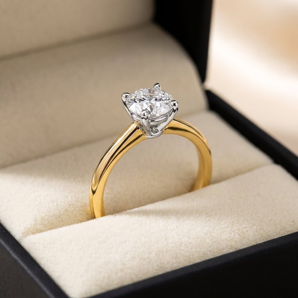 SOL-100R-0LD Round solitaire engagement ring in presentation box