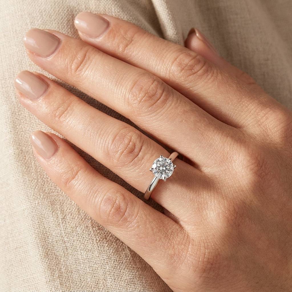 SOL-150R-0WLD Round solitaire engagement ring hand-model