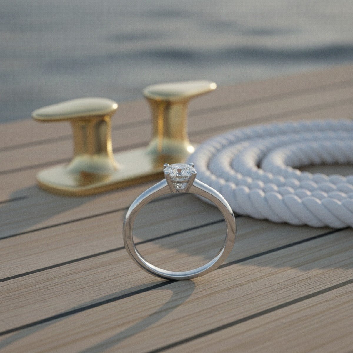 Aydins 1 Carat Round Lab Grown Diamond Engagement Ring | 10K White Gold lifestyle scene, yacht teak deck