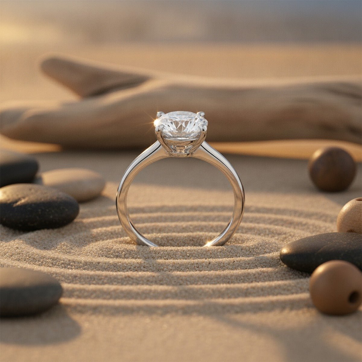 Aydins 1 Carat Round Lab Grown Diamond Engagement Ring | 10K White Gold lifestyle scene, beach zen