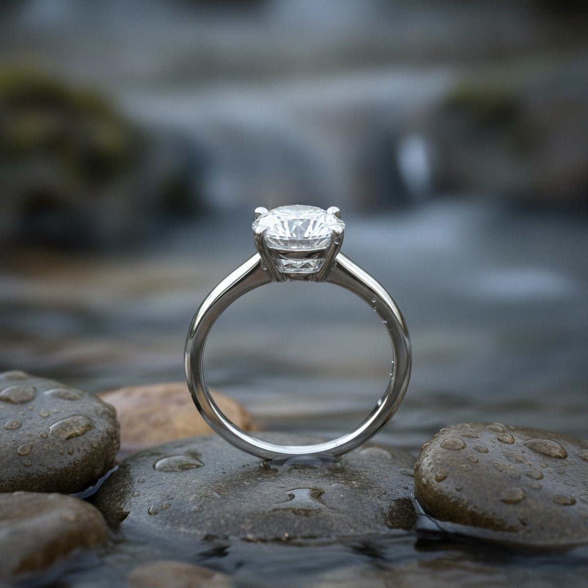 Aydins 1 Carat Round Lab Grown Diamond Engagement Ring | 10K White Gold lifestyle scene, river stones