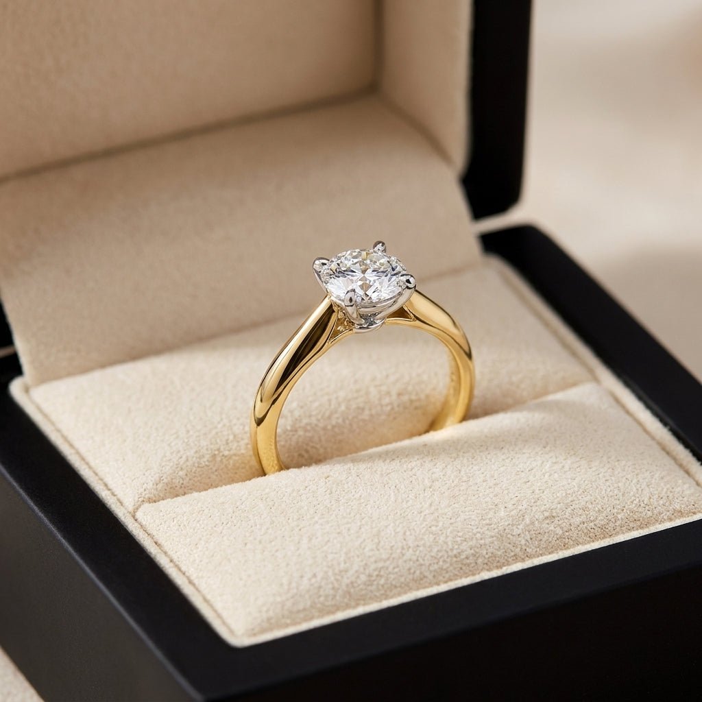 RM12596C-LD round engagement ring in presentation box