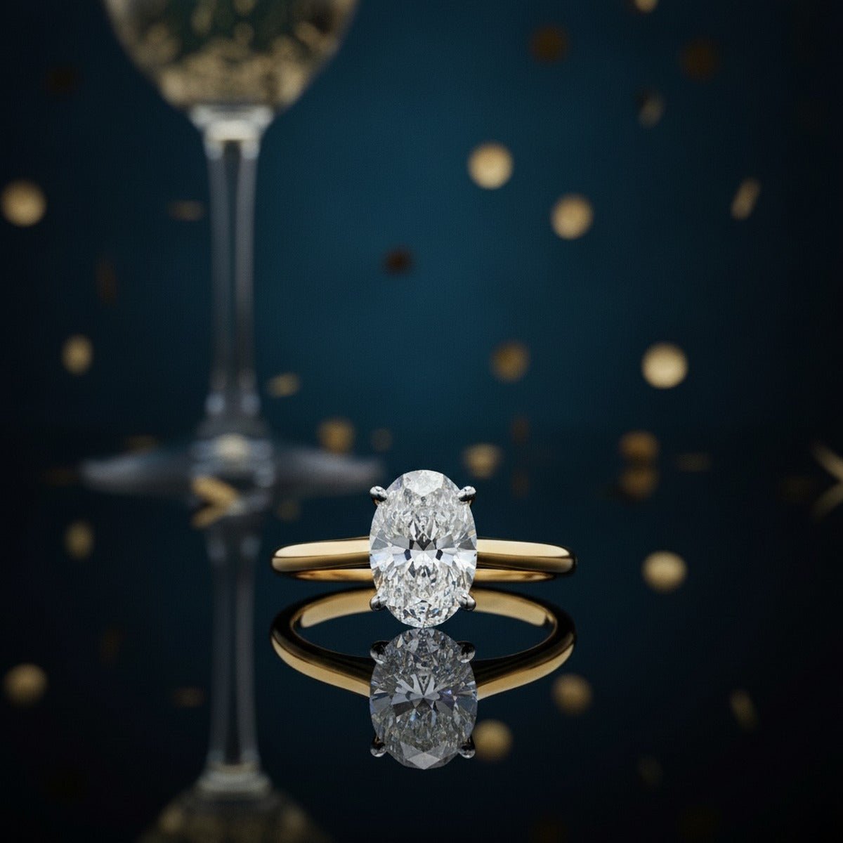 Aydins 1.5 Carat Oval Lab Grown Diamond Engagement Ring | 14K Two-Tone Gold lifestyle scene, new year crystal