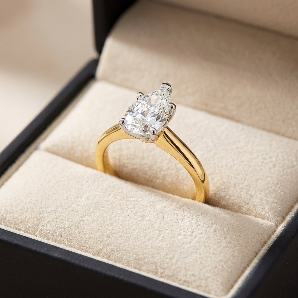 RM12606C-LD pear engagement ring in presentation box