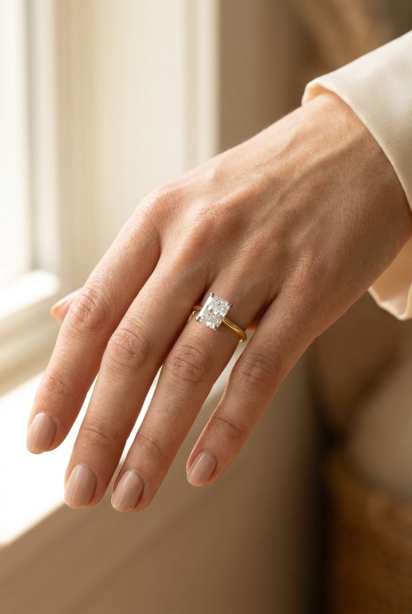 1.5 carat radiant lab grown diamond engagement ring - full hand scale
