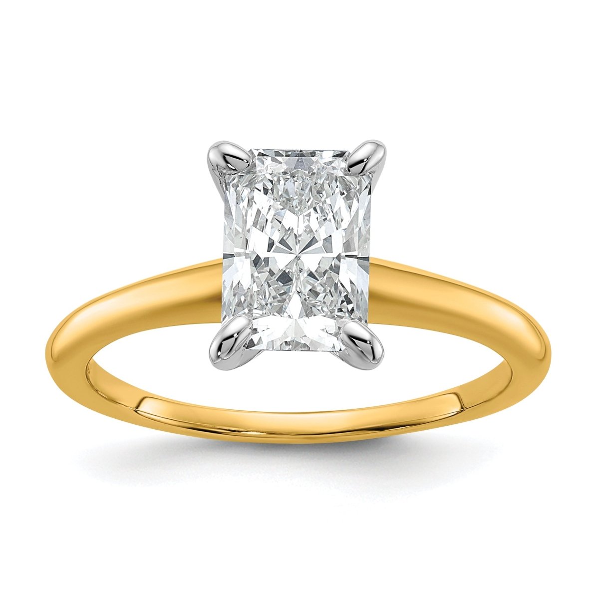 14k Two-tone 1 1/2 carat Certified Lab Grown Diamond VS+ F+ Radiant 8X Complete Solitaire Ring - authentic supplier studio photograph