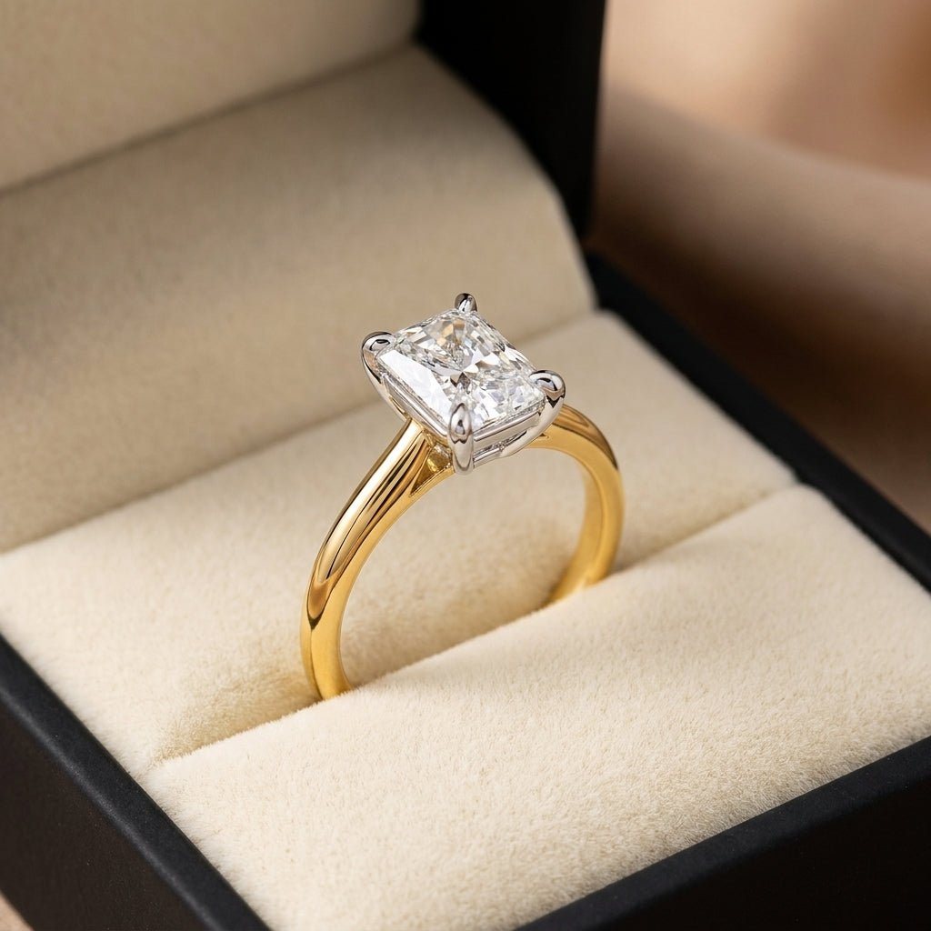 RM12612C-LD radiant engagement ring in presentation box