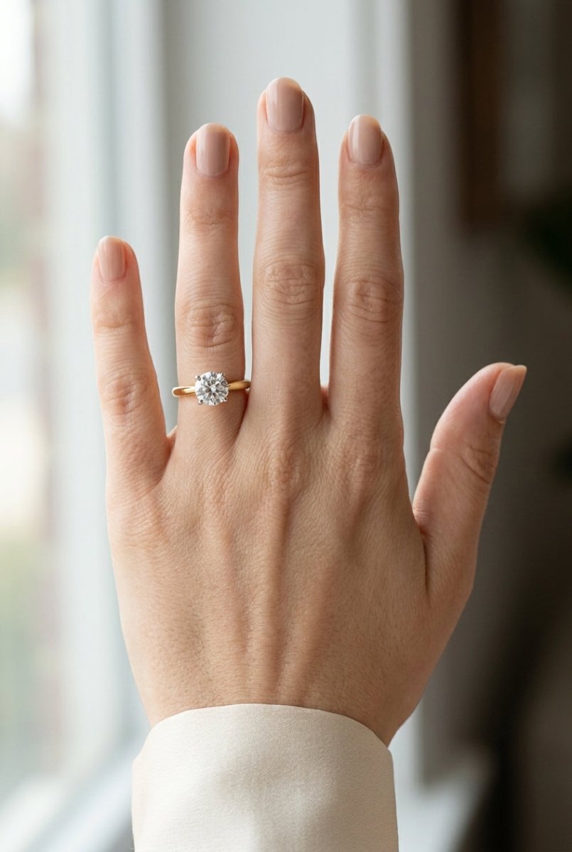 1.5 carat round lab grown diamond engagement ring - full hand scale