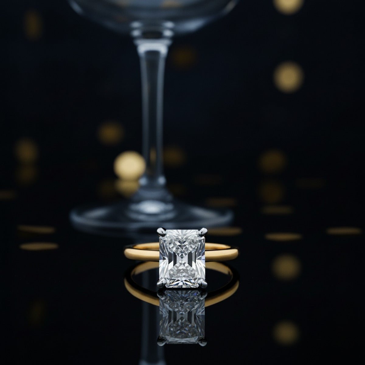 Aydins 1.75 Carat Radiant Lab Grown Diamond Engagement Ring | 10K Two-Tone Gold lifestyle scene, new year crystal
