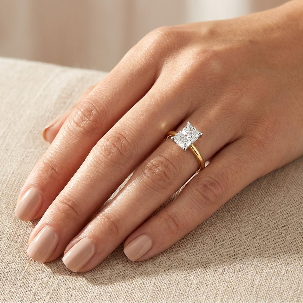 SOL-175RA-0LD Radiant solitaire engagement ring hand-model