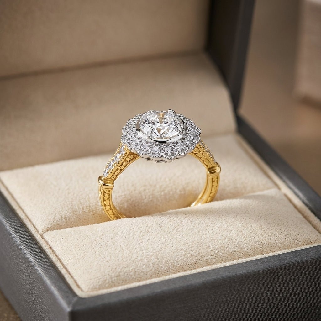 RM12989-150-LD Round halo engagement ring in presentation box