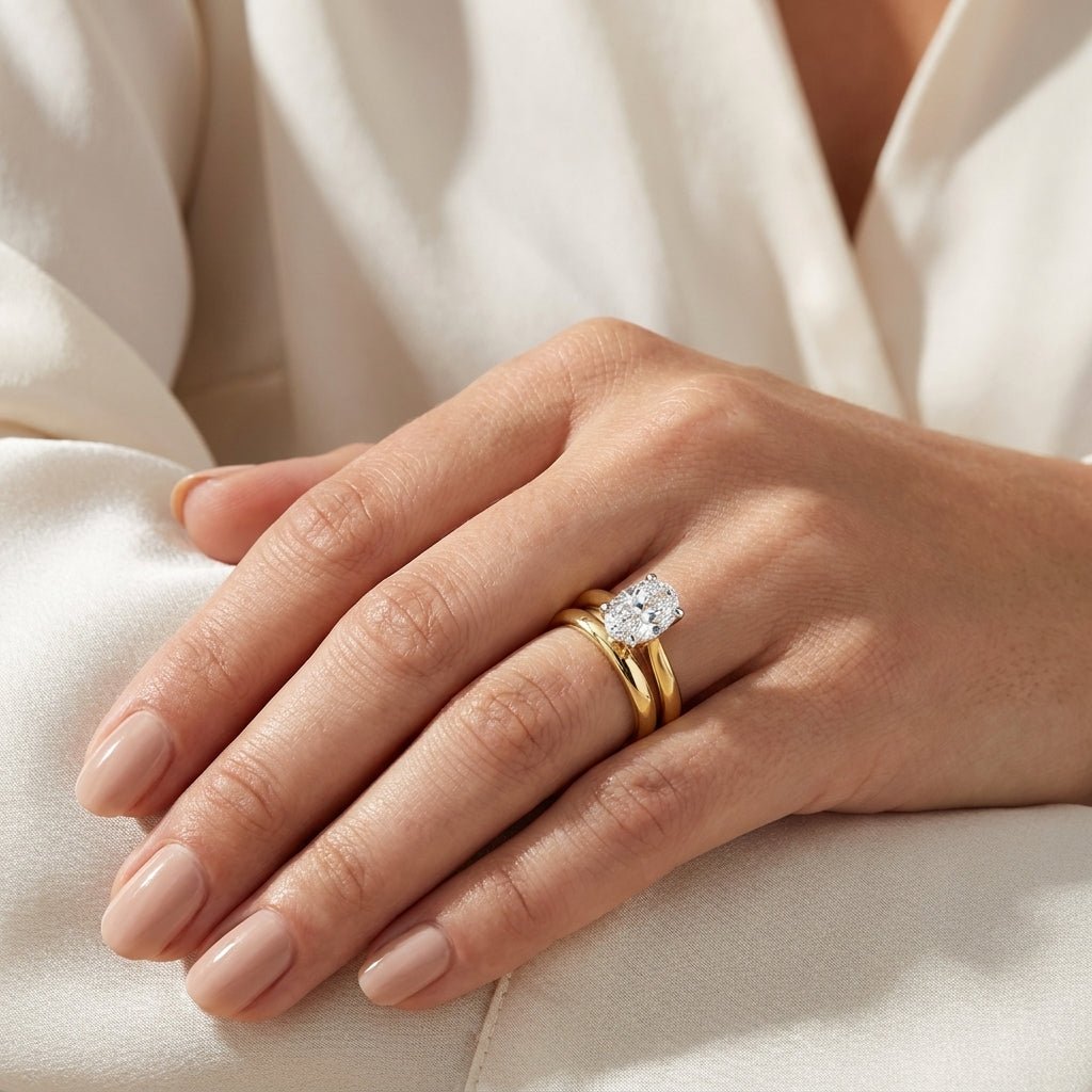Bridal set - 2 carat oval engagement ring stacked with matching yellow gold wedding band