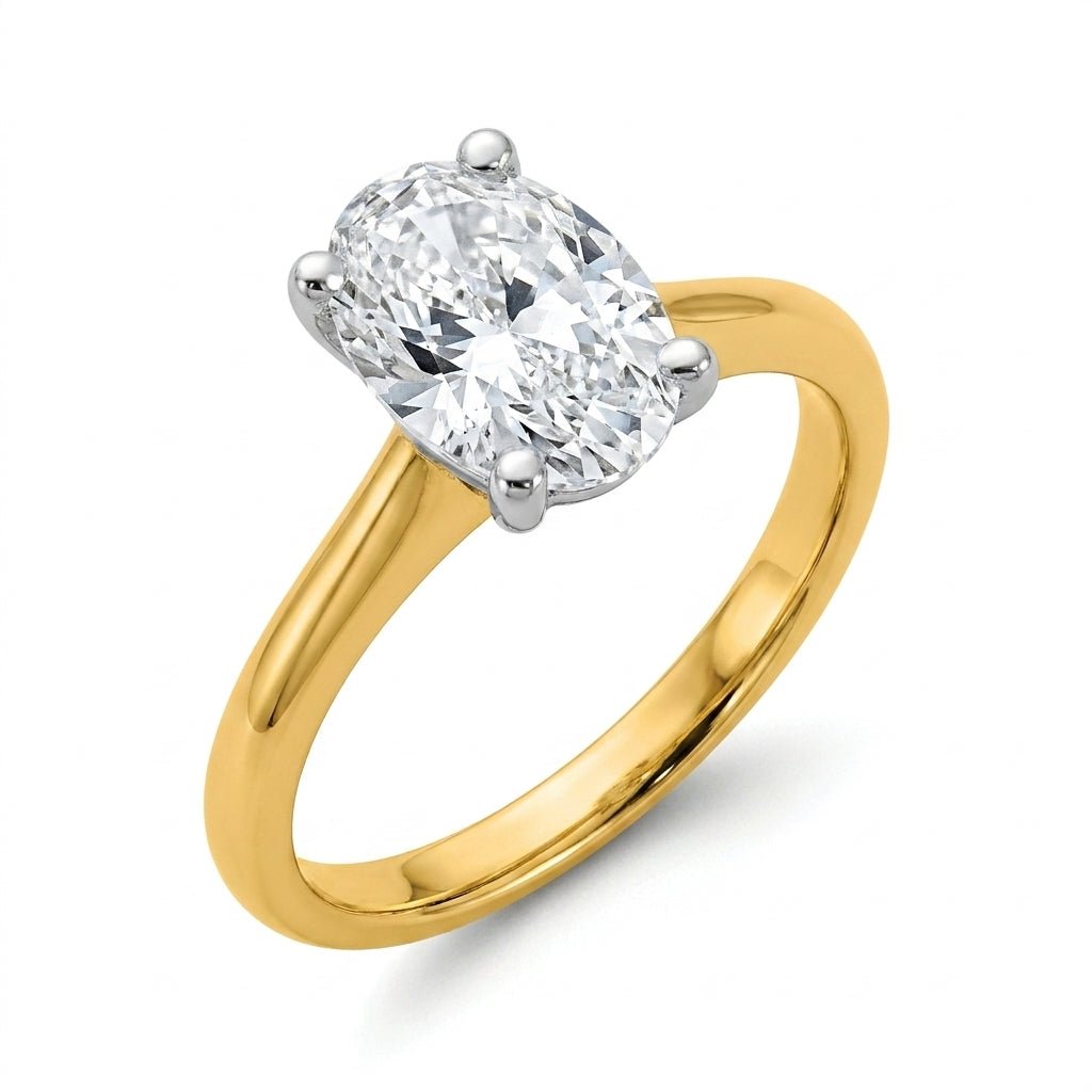 2 carat oval lab-grown diamond engagement ring in 14K two-tone gold with white prongs, top-down 3/4 beauty shot