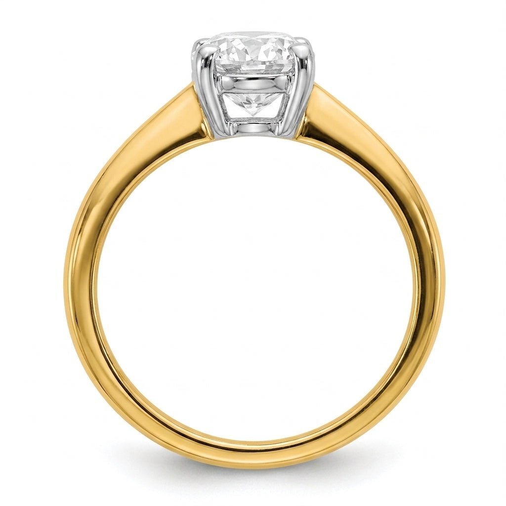 Side profile of 2 carat oval lab grown diamond engagement ring showing basket height, band thickness, and prong silhouette