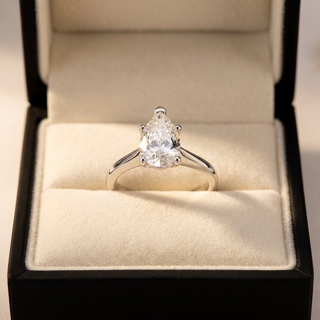 RM12569C-WLD pear engagement ring in presentation box