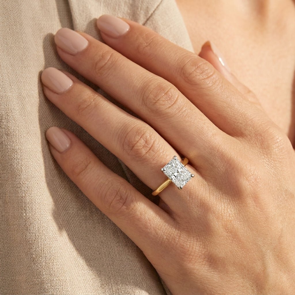RM12575C-LD Radiant solitaire engagement ring hand-model