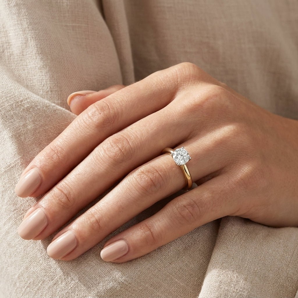 RM12841-200C Round solitaire engagement ring hand-model