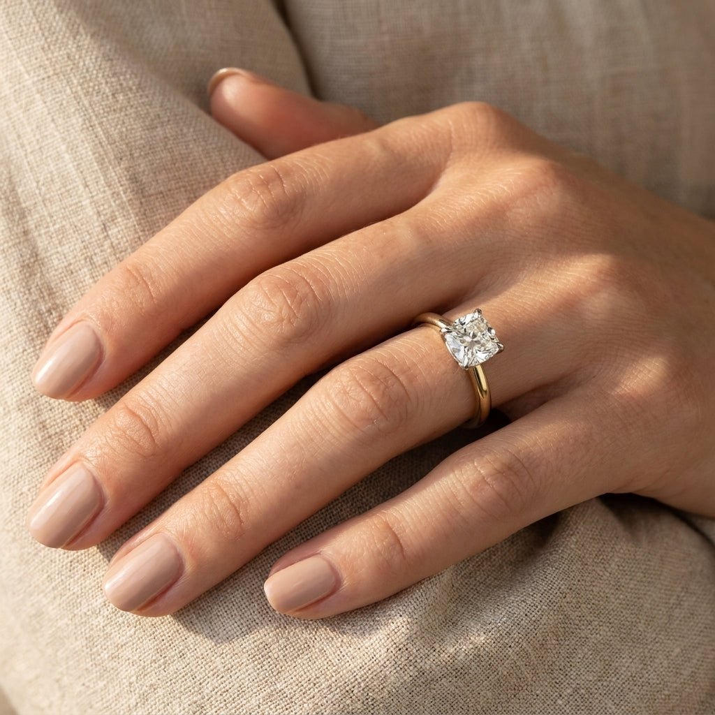 RM12842-250C-LD Cushion solitaire engagement ring hand-model