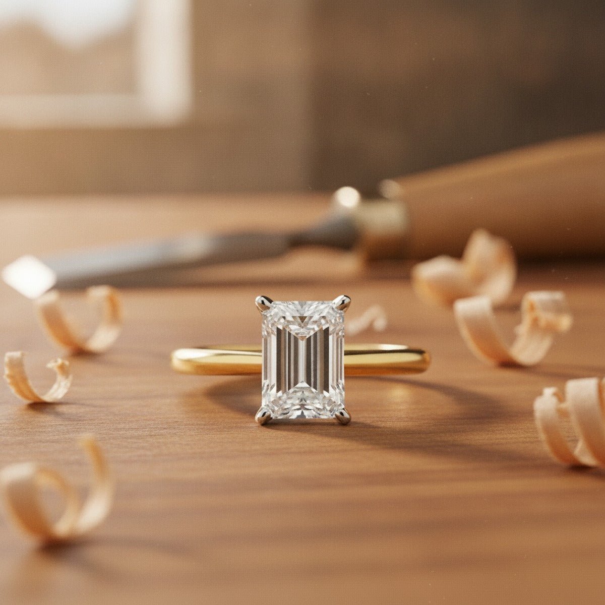Aydins 2.5 Carat Emerald Lab Grown Diamond Engagement Ring | 10K Two-Tone Gold lifestyle scene, carpenter bench