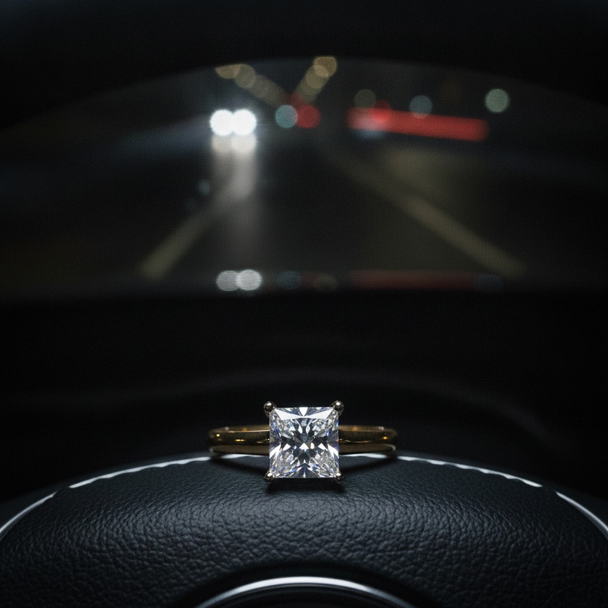 Aydins 2.5 Carat Princess Lab Grown Diamond Engagement Ring | 10K Two-Tone Gold lifestyle scene, midnight drive