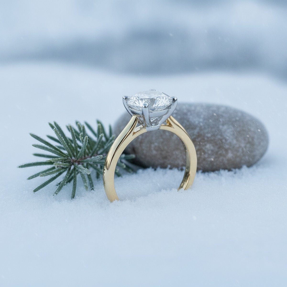 Aydins 2.5 Carat Round Lab Grown Diamond Engagement Ring | 10K Two-Tone Gold lifestyle scene, snowy pine