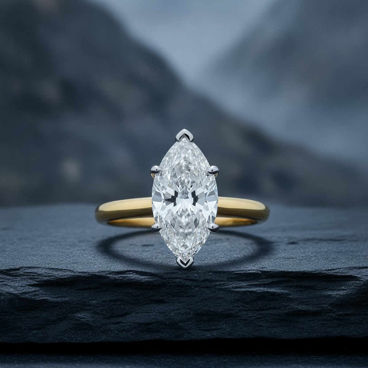 Aydins 3 Carat Marquise Lab Grown Diamond Engagement Ring | 10K Two-Tone Gold lifestyle scene, slate stone mountain