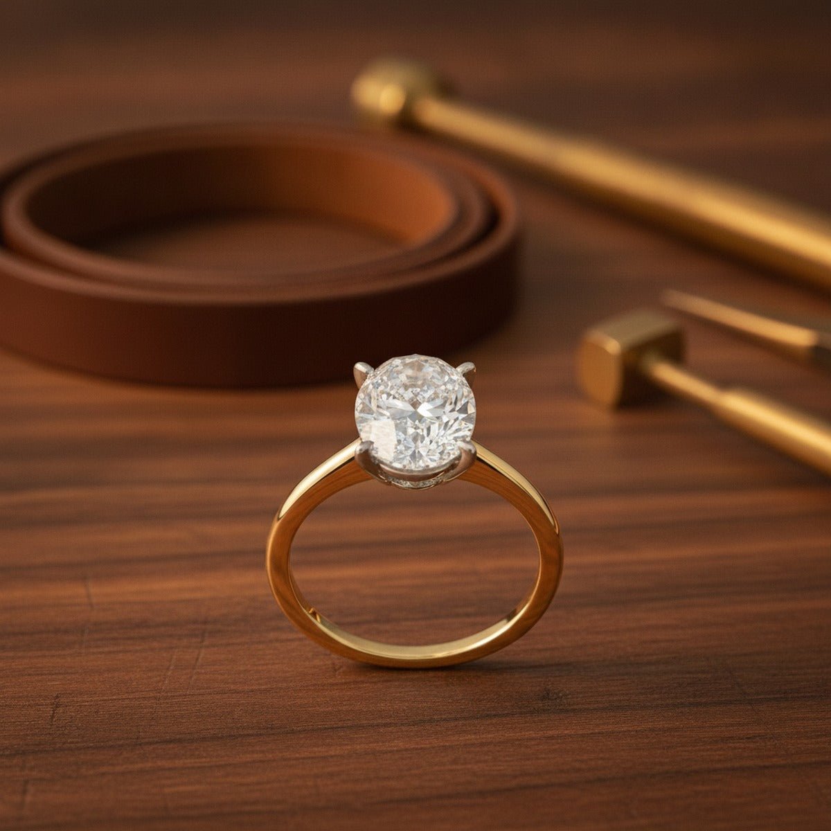 Aydins 3 Carat Oval Lab Grown Diamond Engagement Ring | 10K Two-Tone Gold lifestyle scene, dark walnut workshop