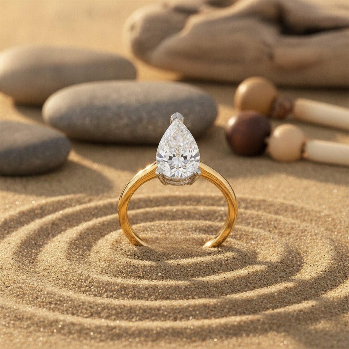 Aydins 3 Carat Pear Lab Grown Diamond Engagement Ring | 10K Two-Tone Gold lifestyle scene, beach zen