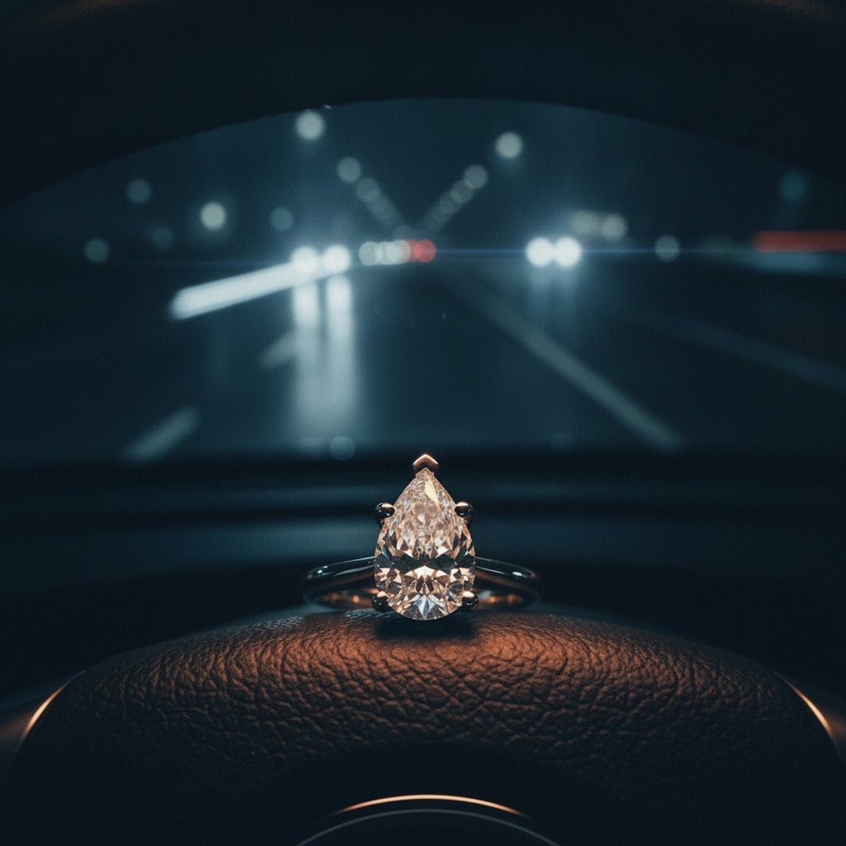 Aydins 3 Carat Pear Lab Grown Diamond Engagement Ring | 14K White Gold lifestyle scene, midnight drive