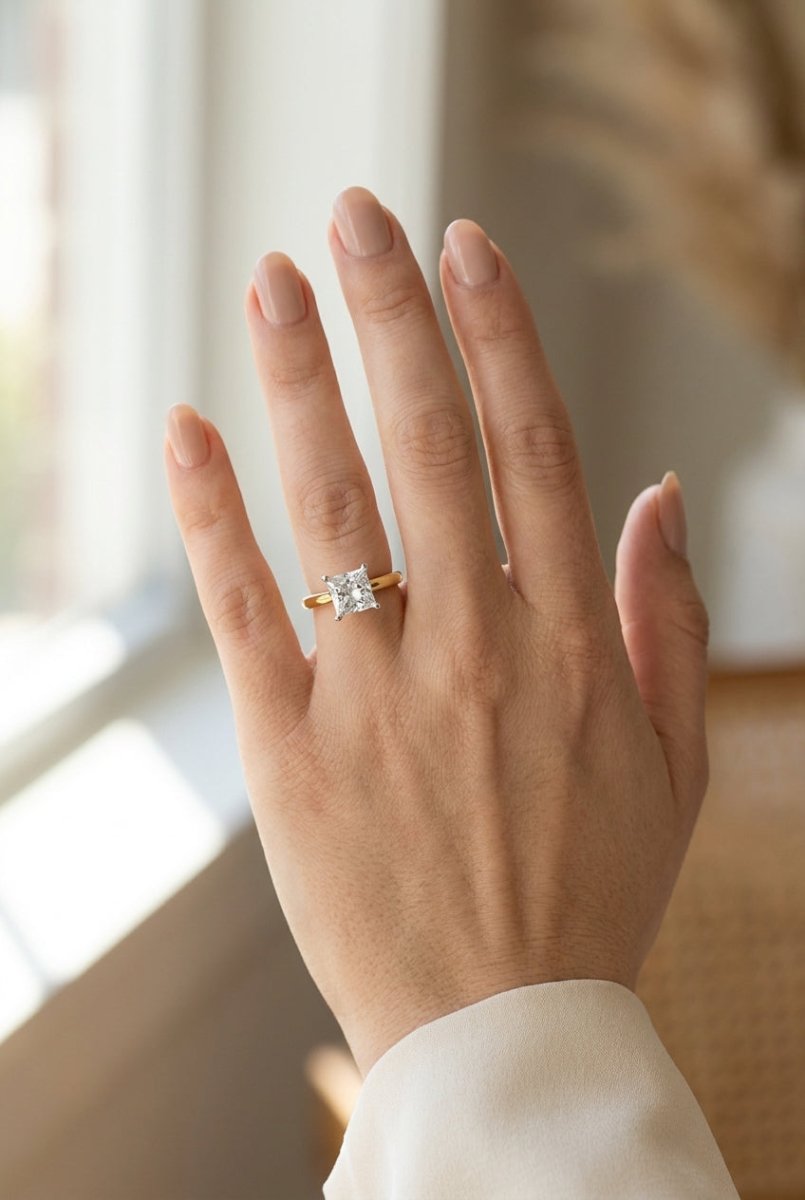 3 carat princess lab grown diamond engagement ring - full hand scale