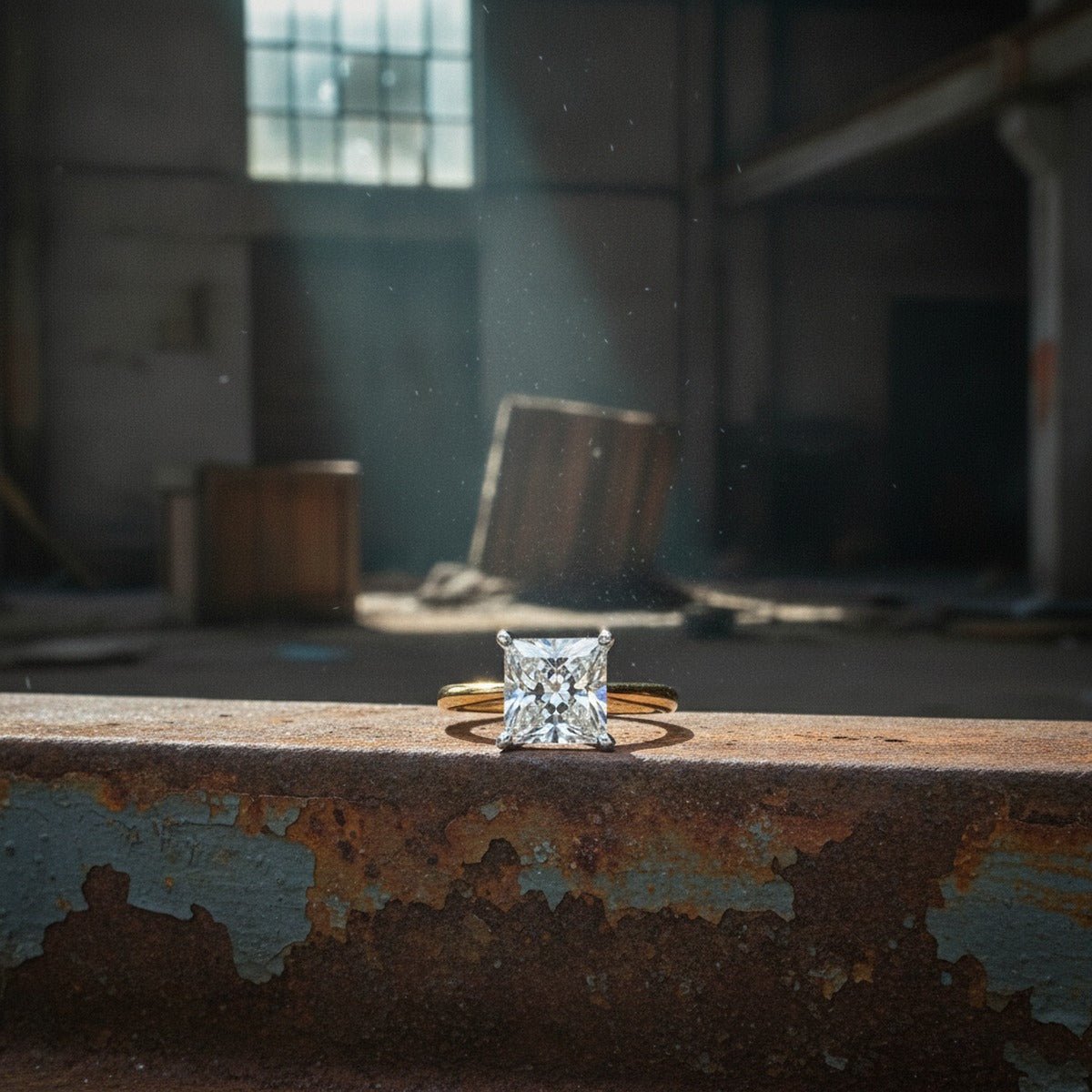 Aydins 3 Carat Princess Lab Grown Diamond Engagement Ring | 14K Two-Tone Gold lifestyle scene, warehouse rust