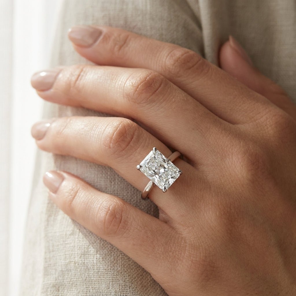 RM12576C-WLD Radiant solitaire engagement ring hand-model