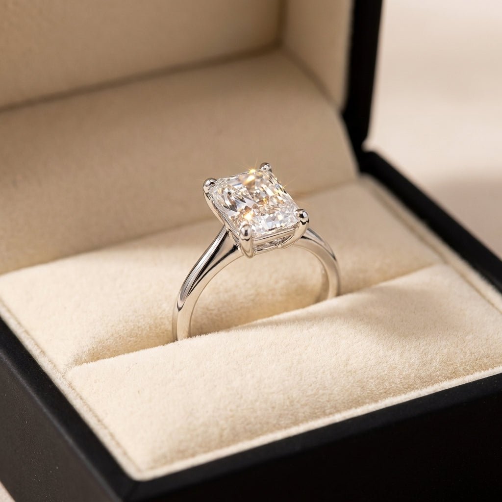 RM12576C-WLD radiant engagement ring in presentation box